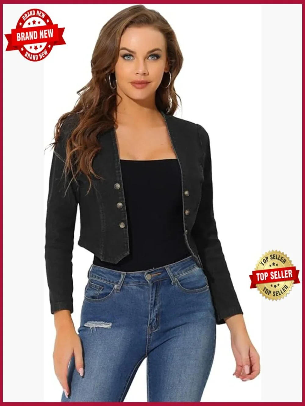 Cropped Denim Jacket - Open Front Collarless Cardigan